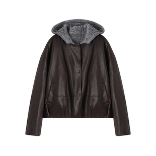 [送打底]XWI欣未复古PU皮90鸭绒羽绒服女冬季针织连帽保暖短外套