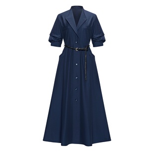 LILY2026秋新款复古翻领腰带收腰休闲通勤藏青色短袖连衣裙女长裙