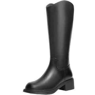 百丽粗跟高长靴骑士靴冬新款真皮显瘦粗高跟加绒长筒靴B8M1DDG4