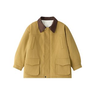 虾酱麻麻男童巴恩风夹棉外套秋冬装2025新款美式复古儿童保暖棉服