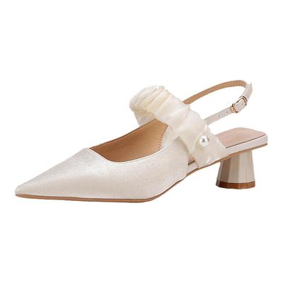法式绸缎面白色高跟鞋女2025年新款浅口chic鞋子尖头粗跟后带单鞋
