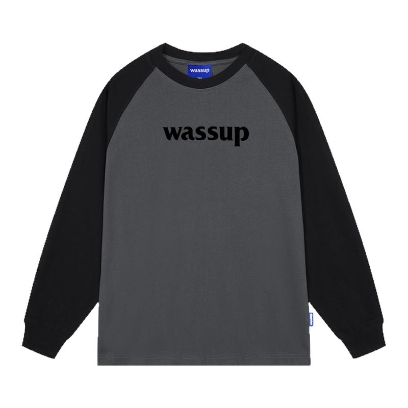 WASSUP潮牌黑灰字母插肩长袖T恤