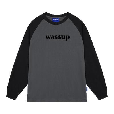WASSUP潮牌黑灰字母插肩长袖T恤