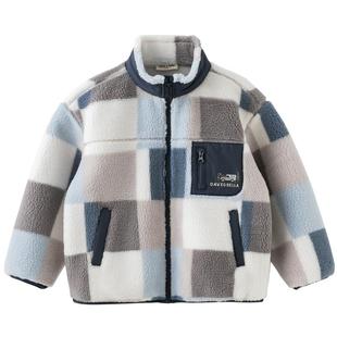戴维贝拉儿童毛绒外套2026男童冬装新款加绒撞色仿羊羔绒上衣大童