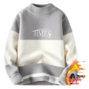 一体绒半高领毛衣男秋冬季青少年初中高中学生加绒加厚保暖针织衫