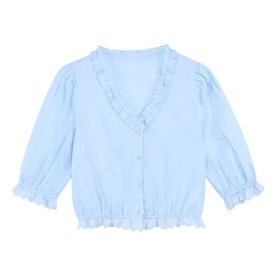 pusumede 法式花边v领衬衫女五分泡泡袖设计感衬衣100%亚麻上衣