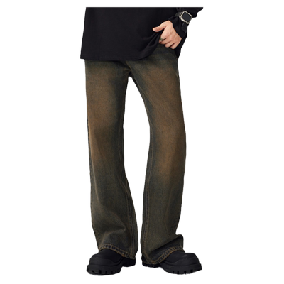 JFU 黄泥染微喇牛仔裤男生秋冬新款复古直筒高街长裤子男阔腿潮