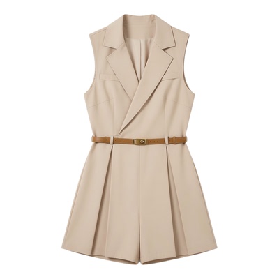 Vintage sleeveless pleated joined shorts复古无袖褶皱连体短裤