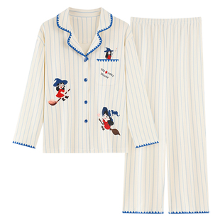 A类纯棉睡衣女春秋冬季长袖带胸垫可外穿甜美休闲大码家居服套装