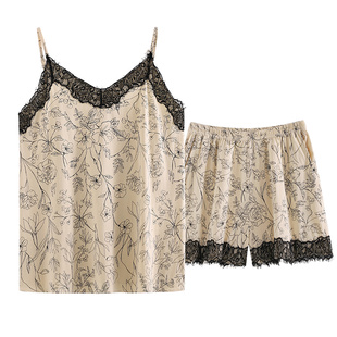 吊带睡衣女人夏款带胸垫纯棉薄款性感蕾丝睡裙高级感家居服两件套