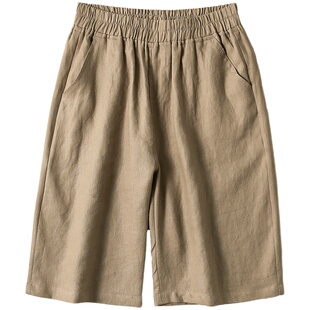 亚麻五分裤女夏高腰港味棉麻短裤潮大码宽松直筒松紧腰显瘦中裤子