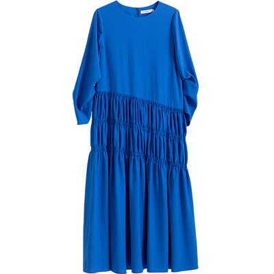 CR蓝色褶皱倾斜打揽长袖连衣裙