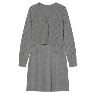 Goodland美地灰色优雅v领假两件羊毛针织连衣裙短款LC34506117