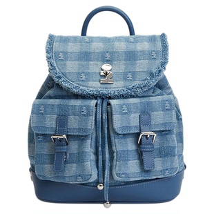 Tagi.《i》格纹牛仔抽绳包双口袋流苏大容量束口双肩包