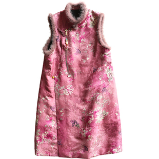 云澍原创交织香云纱新中式国风水貂毛领中长款立领盘扣加棉马甲裙