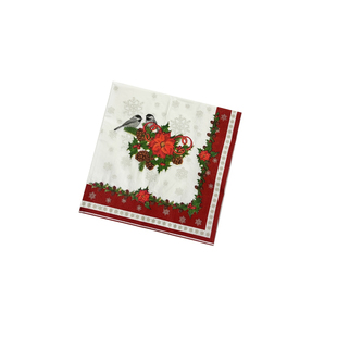 厂家直销 圣诞款红色花边小鸟彩色印花餐巾纸 节庆派对纸巾口布