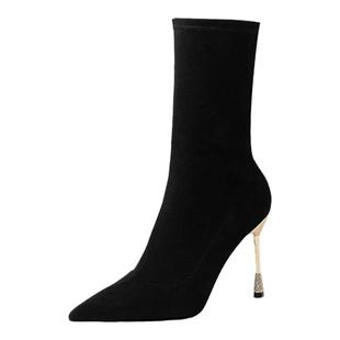 棕色中筒靴子女细跟秋冬季新款超高跟鞋33小码瘦瘦靴弹力袜靴尖头