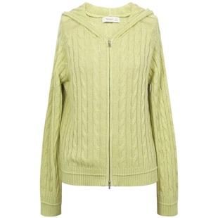 朵以2026春季新款松弛慵懒绿色双头拉链连帽毛织外套绞花针织开衫