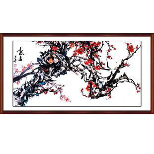 中国画梅花洛阳牡丹花鸟水墨装饰挂画手绘真迹横幅客厅卧室办公室