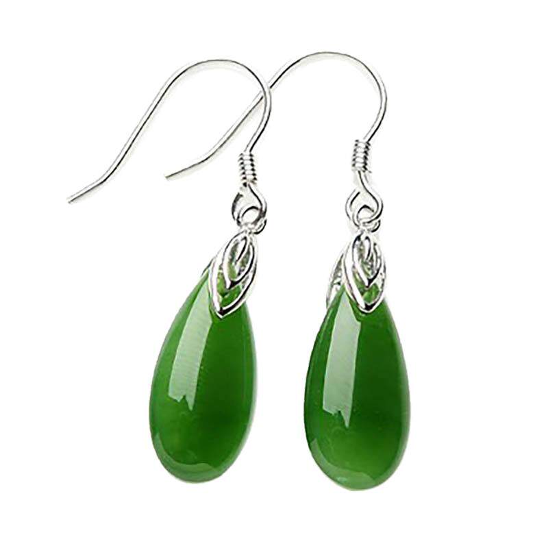 和田玉耳坠玉石气质 天然碧玉镶925银长款礼物绿耳环复古水滴耳饰