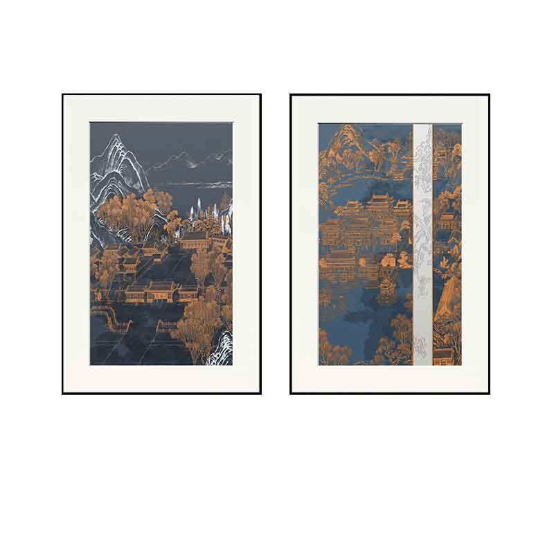 沐色客厅两联新中式酒店装饰画