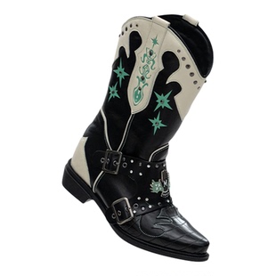 多嘴驴Donkey黑白色V口短靴女冬厚底长筒靴西部靴拼色尖头骑士靴