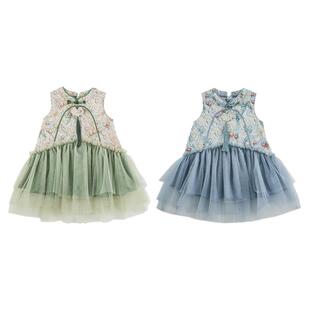 幼悠女童国风满印连衣裙2025春秋双面绣花吉祥锁凤清凉无袖裙子潮