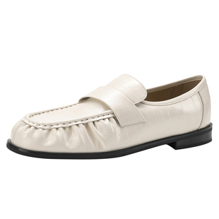 达芙妮褶皱乐福鞋小皮鞋女款2026新款春季白色厚底一脚蹬豆豆单鞋