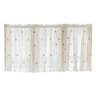 法式刺绣黄色蓝色小花防尘帘 柜帘穿杆短帘 森系门帘半遮光咖啡帘