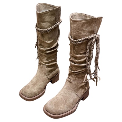 绒面废土风胖mm长筒靴女秋厚底粗腿西部骑士靴堆堆靴大筒围新疆靴