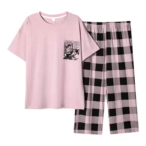 100%纯棉睡衣女夏季薄款短袖七分裤可外穿韩版休闲宽松家居服套装