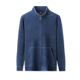 摇粒绒压花开衫卫衣男外套加绒加厚中青年拉链立领外搭双面绒夹克