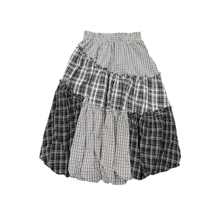 OOURSLAB原创不规则格子半裙设计感黑白格松紧腰中长裙黑色花苞裙