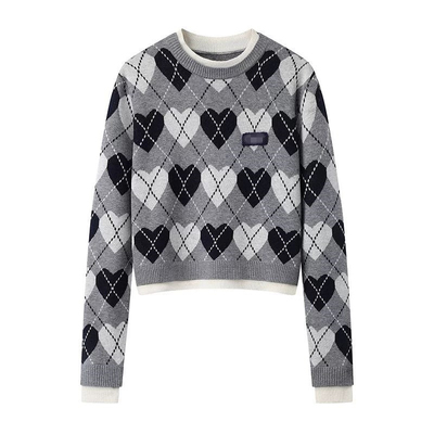 骄阳似我赵今麦聂曦光同款灰色爱心菱格纹提花毛衣短款针织衫上衣