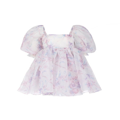 显瘦欧根纱白底紫罗兰泡芙裙