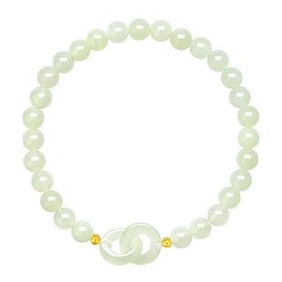 周大生黄金镶和田玉手串女款双环扣玉石足金平安扣福袋葫芦手链