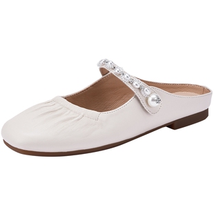 热风浅口单鞋女2026年春季新款带钻百搭米色半拖方头气质女鞋子