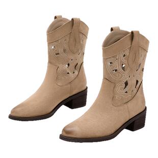 星期六复古西部牛仔靴女2025秋季新款刺绣镂空V口骑士靴时装短靴