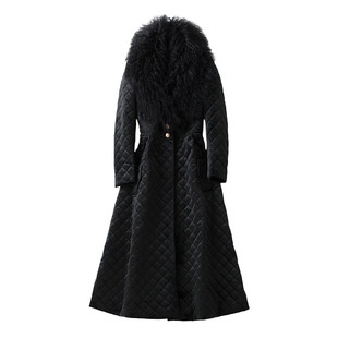 羊毛领棉衣女2024冬新款中长款修身过膝棉服外套腰带加厚保暖大衣