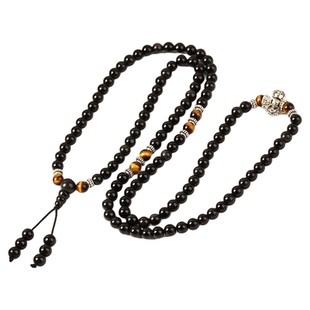 天然黑曜石108颗佛珠手链虎眼石银饰品男女款念珠项链彩虹眼手串