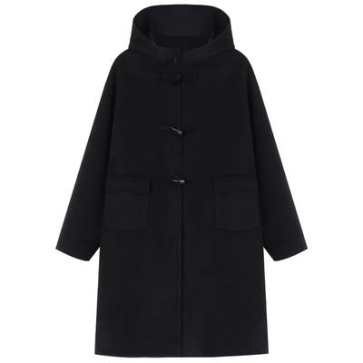 牛角扣全手工羊毛双面呢连帽大衣