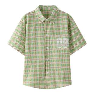 虾酱麻麻男童短袖衬衫夏装2026新款男孩上衣纯棉格子儿童衬衣外套