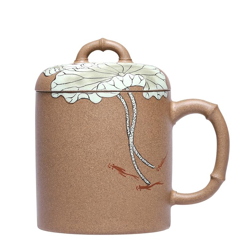 陶灵宜兴紫砂杯泥绘茶杯纯手工办公室带盖茶具大容量盖杯荷塘月色