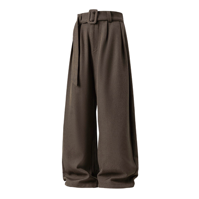 松弛感老钱风腰带亚麻纹弯刀西裤