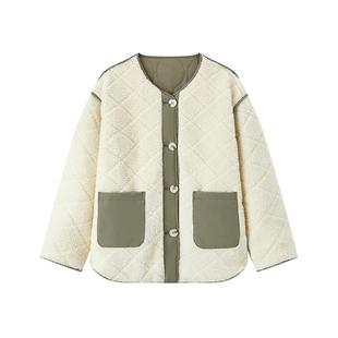 森马外套女中长款菱格仿羊羔毛宽松冬2024新款撞色夹棉夹克两面穿