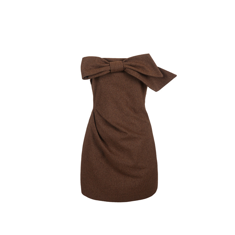 MummyCat下蛋喵【早秋曼哈顿】焦糖棕羊毛复古蝴蝶结抹胸连衣裙