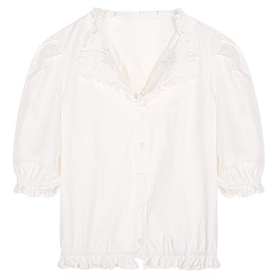 落落狷介 法式小资小上衣白色短袖衬衫女2025年新款设计感泡泡袖