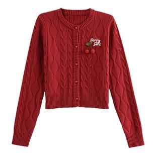 森女部落甜美风红色显白短款针织开衫女2025新款秋季宽松长袖毛衣