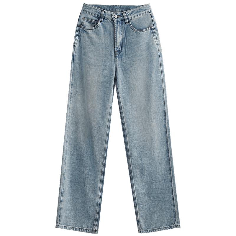 COCOBELLA复古直筒猫须牛仔裤女秋水洗磨白遮胯休闲长裤DN0053-2