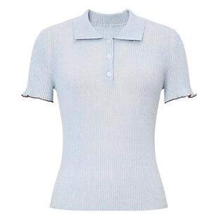 【会员专享】红袖2026夏季新款女装细条纹正肩短袖POLO翻领针织衫